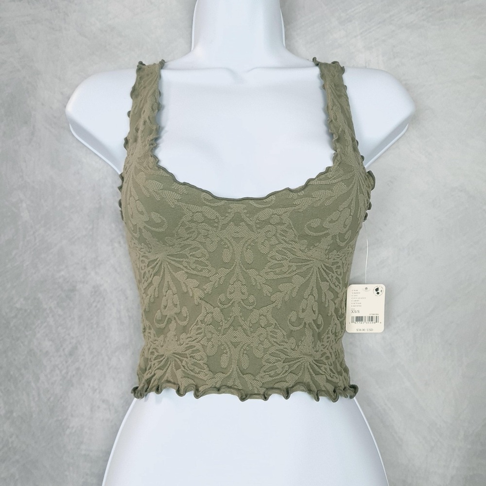 Free People Tank Cami Top Womens XS Green Jacquard Ivy League Ruffle Stretch